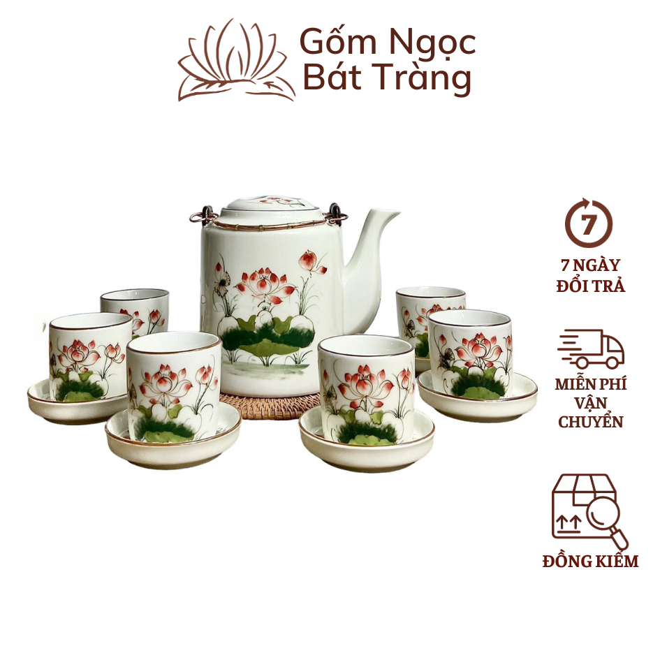 Ấm Chén Pha Trà Hãm Chè Bộ Ấm Tích Gốm Sứ Bát Tràng Quai Đồng Dung Tích 1,5L Gốm Ngọc