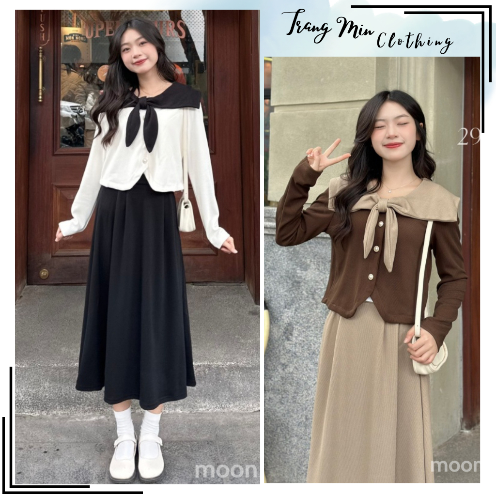 Set áo thuỷ thủ phối nơ kèm chân váy suông cực yêu, set áo vạt thuỷ thủ thắt nơ xinh phong cách thời trang thu đông 2023