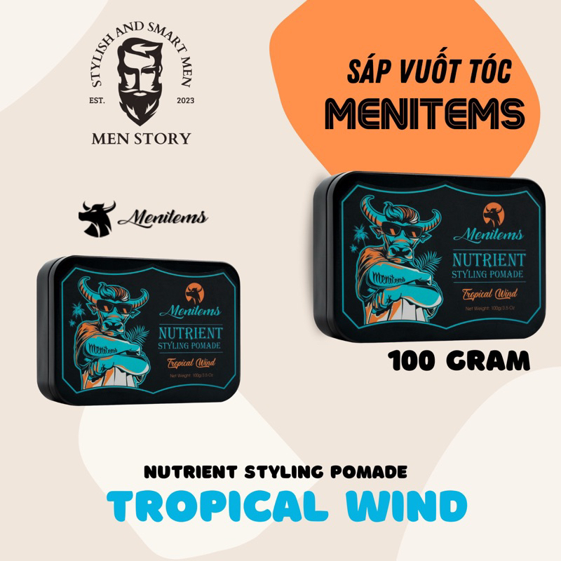 Sáp vuốt tóc Menitems, sáp tóc pomade, giữ nếp, tạo kiểu tự nhiên cả ngày dài, nước hoa lưu hương lâu Tropical Wind