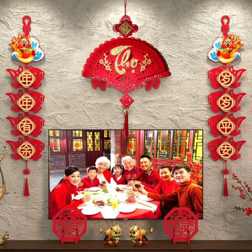 Combo 3 dải quạt nhung trang trí lễ tết decor nhà cửa chữ phúc lộc thọ cầu tài may mắn hcom651