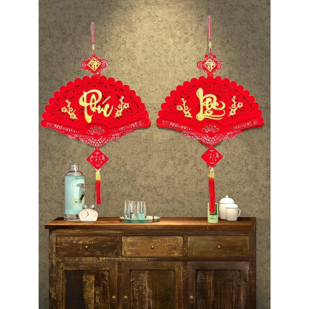 Combo 3 dải quạt nhung trang trí lễ tết decor nhà cửa chữ phúc lộc thọ cầu tài may mắn hcom651