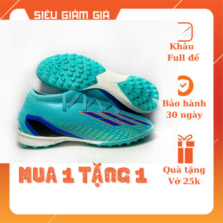 Giày bóng đá xspeed xanh biển 3 sọc bích cổ thun tf form chuẩn ôm chân khâu full đế tặng kèm phụ kiện bóng đá