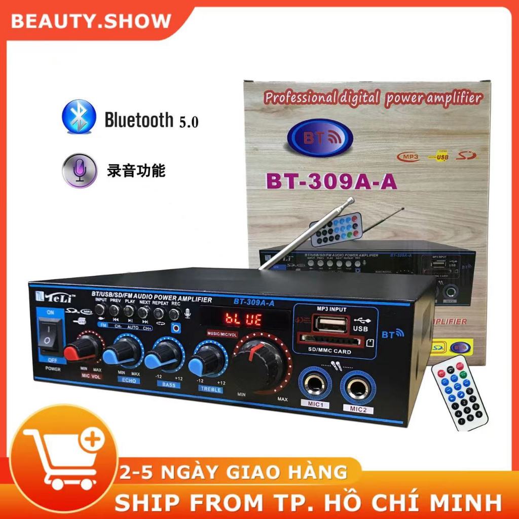 Amply mini karaoke, ampli bluetooth BT-309a loại xịn công suất cao (có nút lặp lại bài, tiếng ra 2 cửa vế ghép)