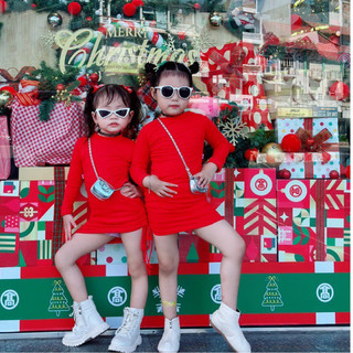 Váy body màu đỏ cho bé gái kiểu dài tay khoét eo diện Noel, Tết dễ thương từ 6kg đến 30kg