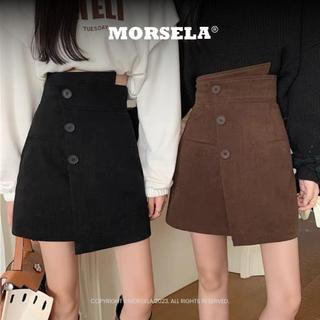 MORSELA® chính hãng - Chân váy nhung tăm form dáng chữ a ngắn cạp lệch phối nút chất dày dặn