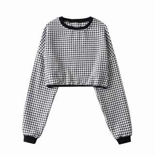 Áo croptop nữ tay dài sọc caro trắng đen