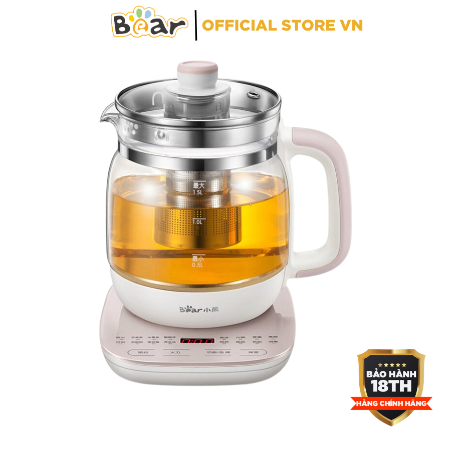 Máy pha trà đa năng mini 1.5L BEAR YSH-A15Z8, 1000W, ấm thủy tinh, lõi lọc inox, có hẹn giờ, nấu yến, chè . BH 18 tháng