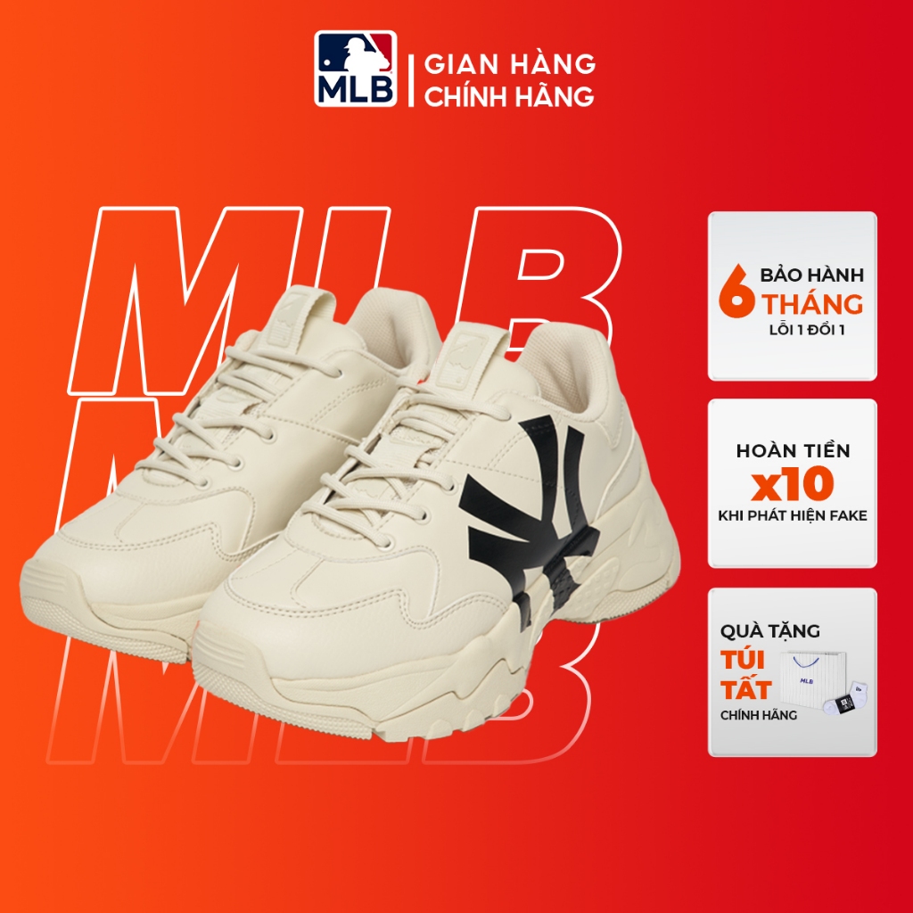 Giày MLB Bigball Chunky A Beige chính hãng, giày thể thao độn đế New York Yankees màu kem logo lệch