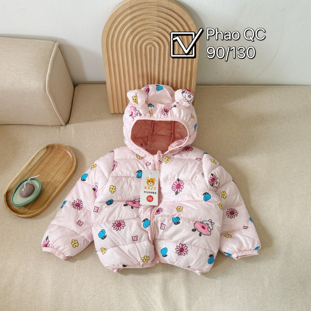 Áo khoác trẻ em, áo phao tai gấu hoạ tiết xinh xắn cho bé trai, bé gái