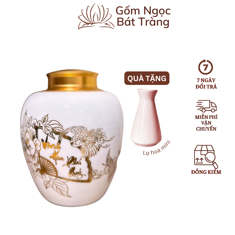 Hũ hộp đựng chè gốm sứ Bát tràng đồ khô nắp nhôm kín tránh ẩm mốc Gốm Ngọc