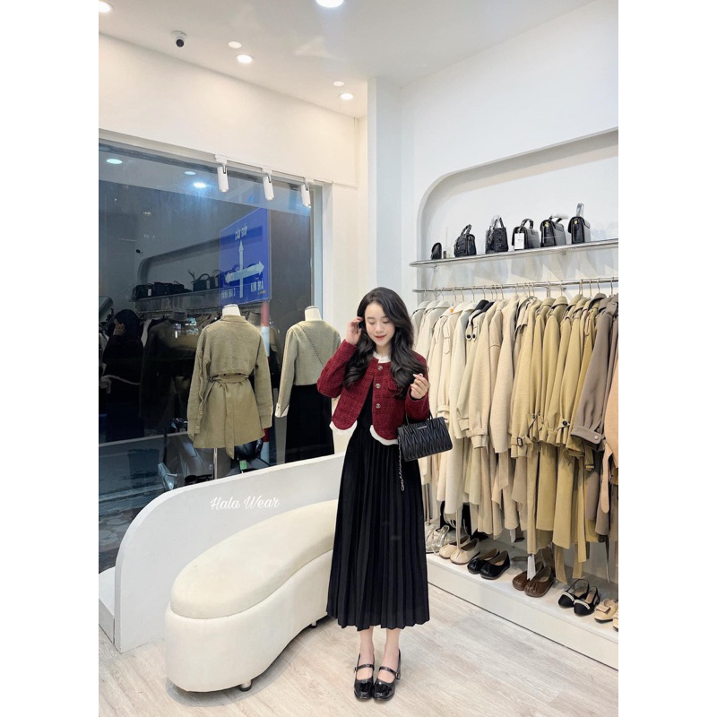 Áo Khoác Dạ Tweed Nữ 2 Màu Đỏ - Đen Dáng Ngắn Hottrend New 2023