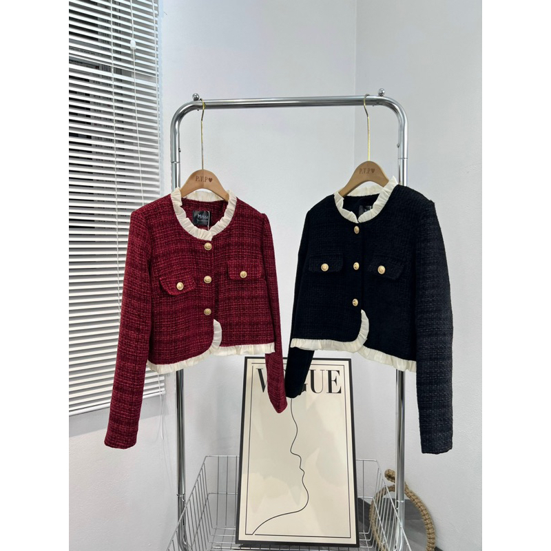 Áo Khoác Dạ Tweed Nữ 2 Màu Đỏ - Đen Dáng Ngắn Hottrend New 2023