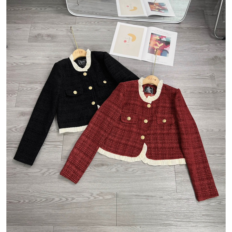 Áo Khoác Dạ Tweed Nữ 2 Màu Đỏ - Đen Dáng Ngắn Hottrend New 2023