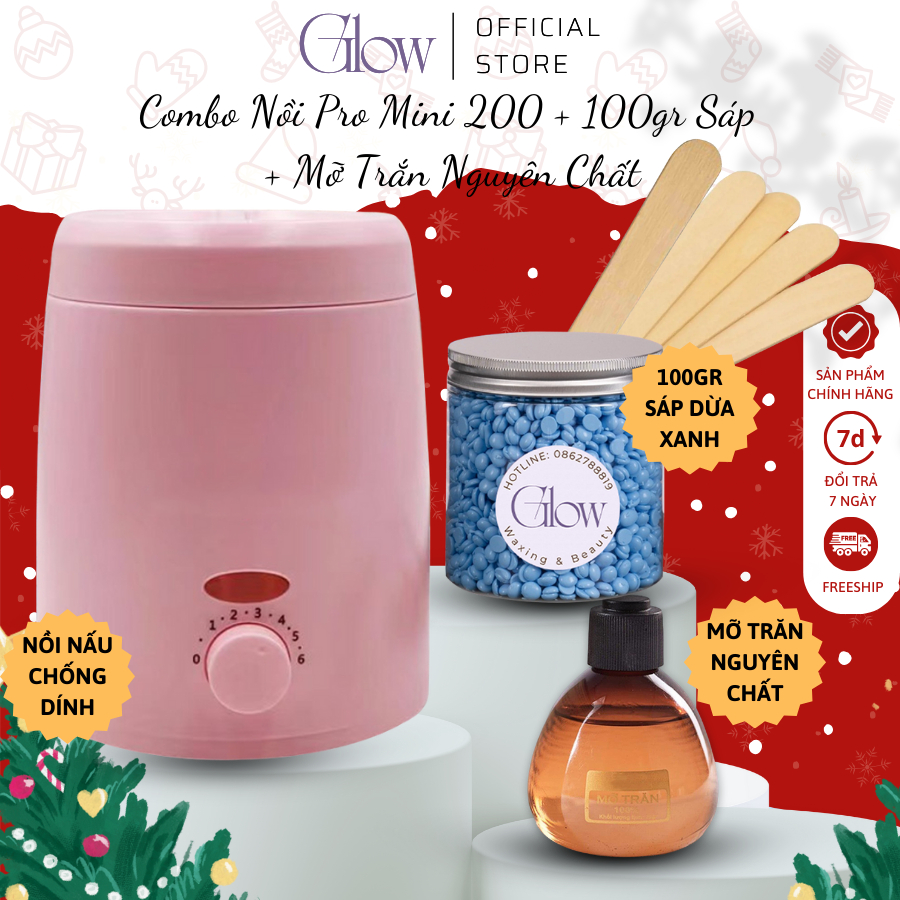 Combo 100gr Sáp Dừa Xanh + Nồi Nấu Sáp Wax Lông Chống Dính Mini GLOW WAXING + Mỡ Trăn Nguyên Chất Tặng Que-1013