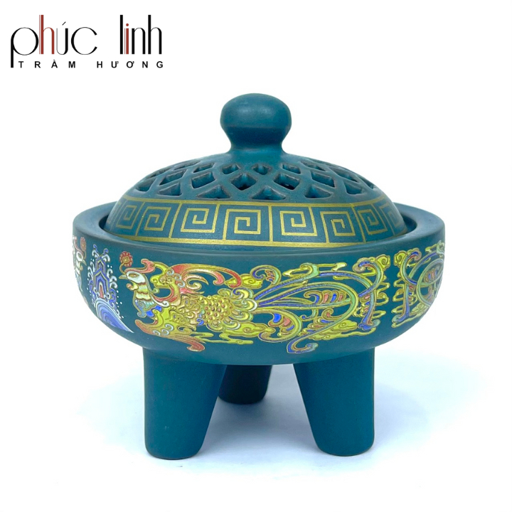 Xông Gốm Hoa Văn 3 Chân Cao Cấp - Giao màu ngẫu nhiên - Xông Nụ Trầm, Hương Khoanh