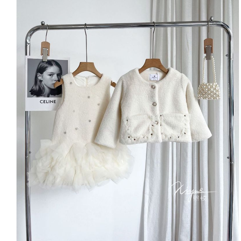 Set Áo khoác váy dạ đuôi cá lông cao cấp cho bé gái dễ thương sang chảnh với 2 màu trắng hồng hàng QCCC mẫu mới 2023