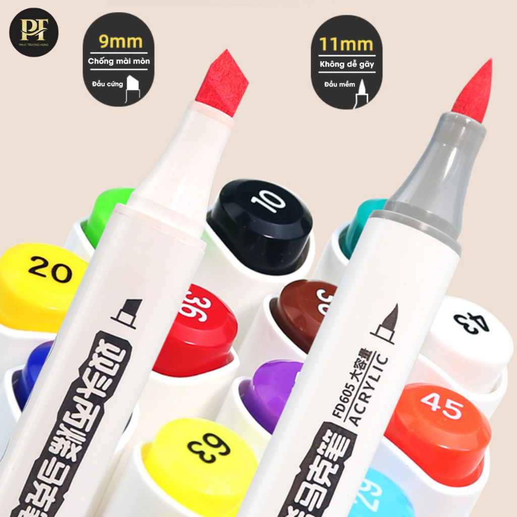 Bút Màu Acrylic Marker 2 Đầu 12/24/36/48 Màu Cao Cấp - Màu Sắc Tươi Sáng, Đa Dạng, Vẽ Trên Mọi Chất Liệu, Chồng Màu