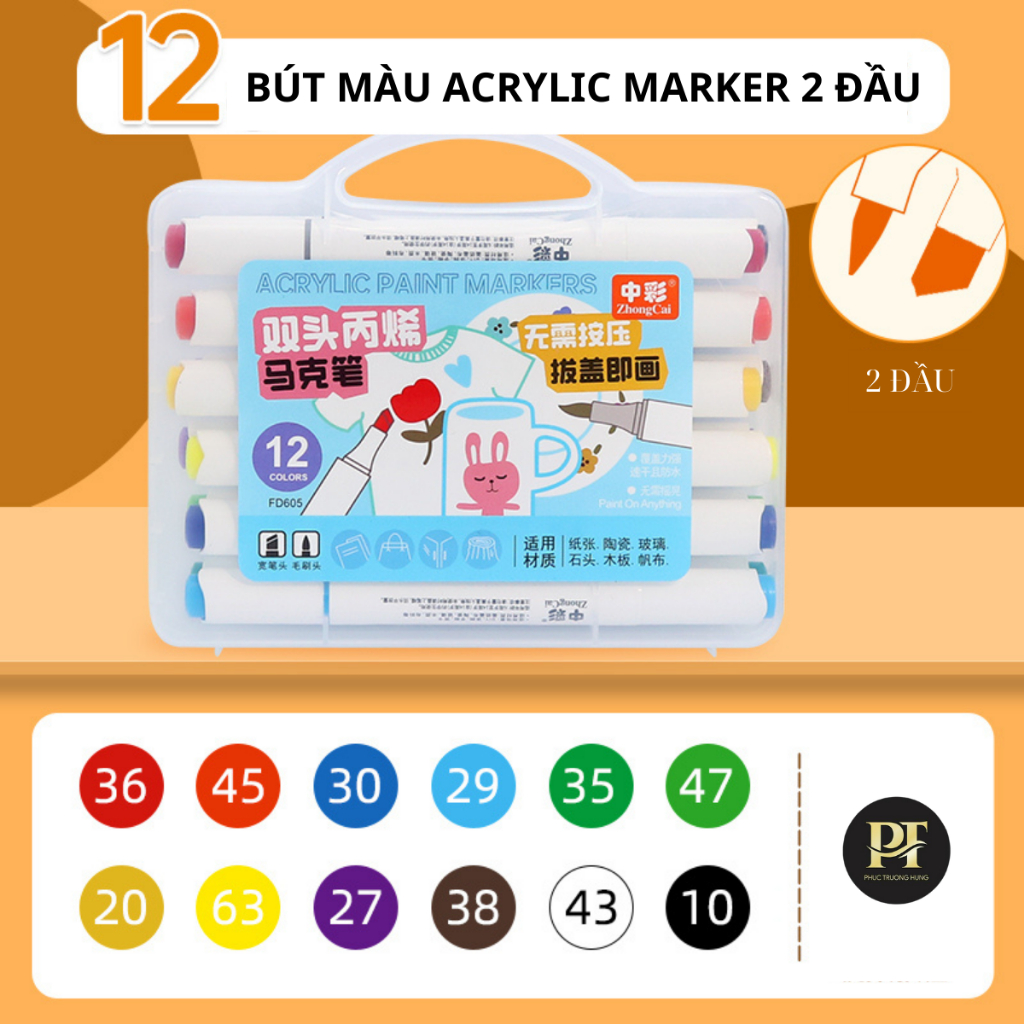 Bút Màu Acrylic Marker 2 Đầu 12/24/36/48 Màu Cao Cấp - Màu Sắc Tươi Sáng, Đa Dạng, Vẽ Trên Mọi Chất Liệu, Chồng Màu