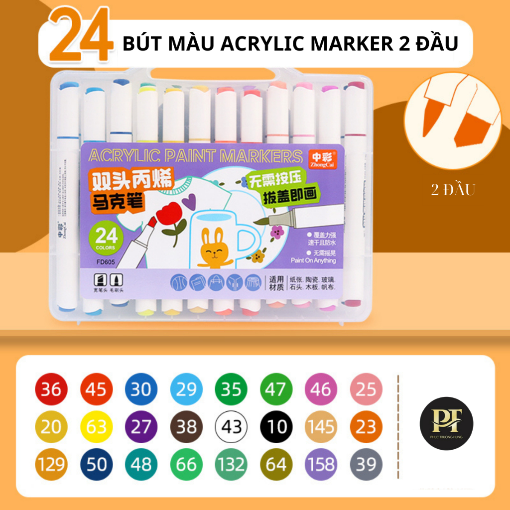 Bút Màu Acrylic Marker 2 Đầu 12/24/36/48 Màu Cao Cấp - Màu Sắc Tươi Sáng, Đa Dạng, Vẽ Trên Mọi Chất Liệu, Chồng Màu