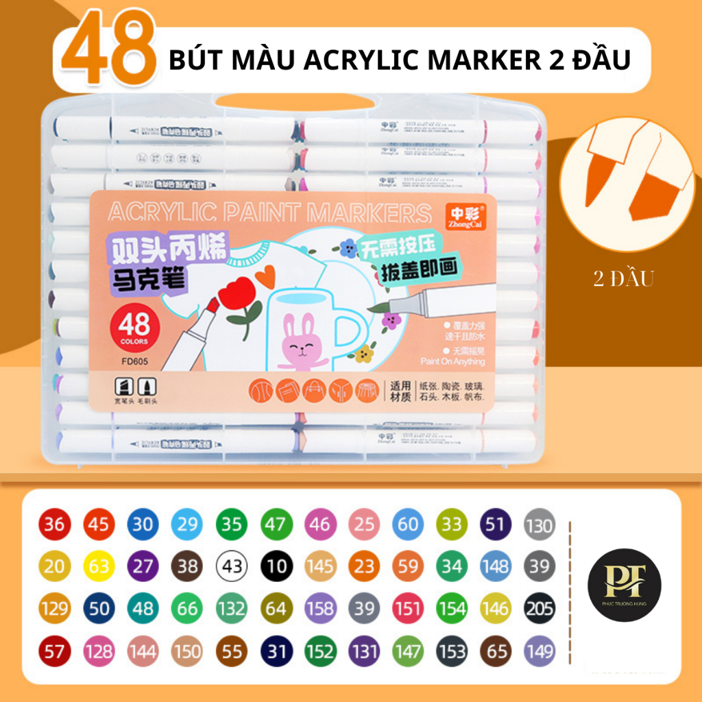 Bút Màu Acrylic Marker 2 Đầu 12/24/36/48 Màu Cao Cấp - Màu Sắc Tươi Sáng, Đa Dạng, Vẽ Trên Mọi Chất Liệu, Chồng Màu