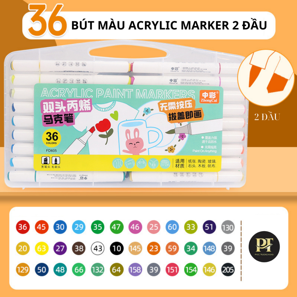 Bút Màu Acrylic Marker 2 Đầu 12/24/36/48 Màu Cao Cấp - Màu Sắc Tươi Sáng, Đa Dạng, Vẽ Trên Mọi Chất Liệu, Chồng Màu