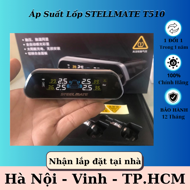 Cảm biến áp suất lốp ô tô STEELMATE T510 gắn van sử dụng độc lập hiển thị màn rời