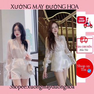 Sét áo tơ óng cổ V mix quần tacta phối viền ren