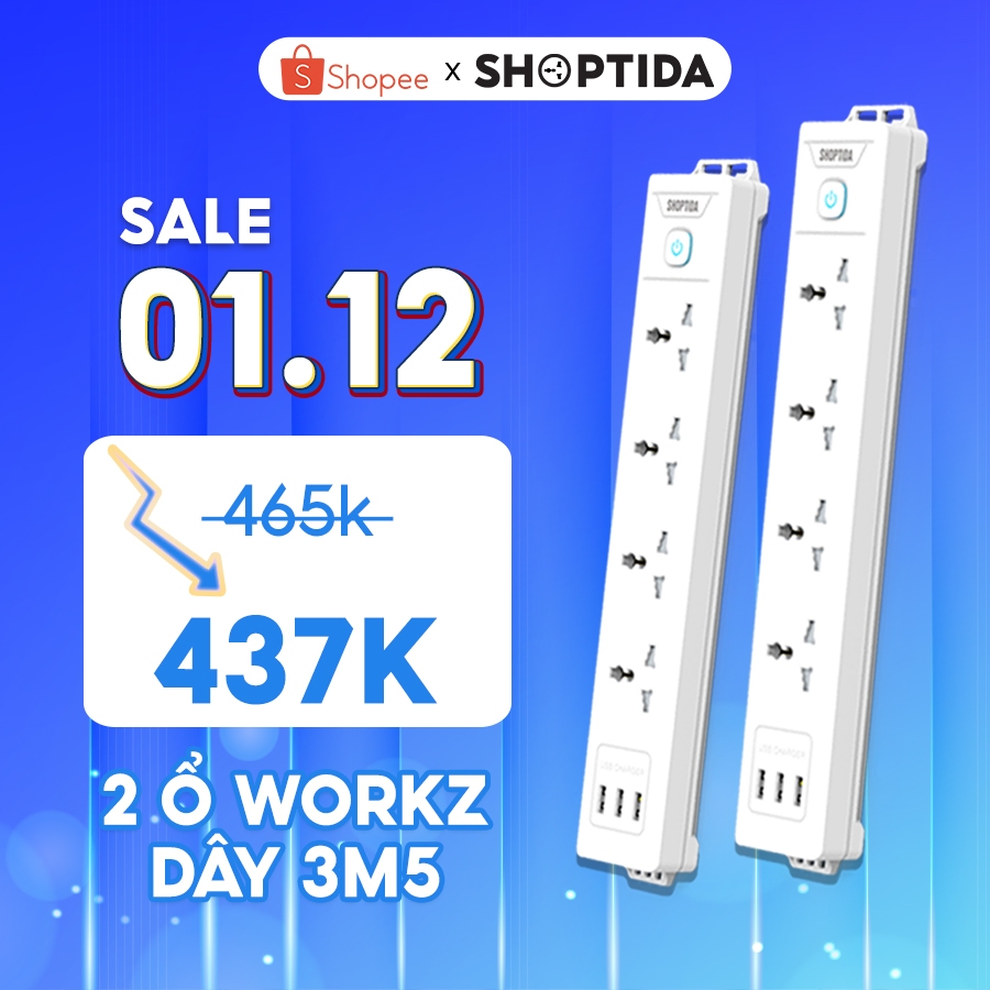 Combo Ổ Cắm Điện Đa Năng WORKZ Shoptida 3 Cổng USB sạc tối đa 12W và Ổ Điện chịu tải 2500W Dây nối dài 3.5M