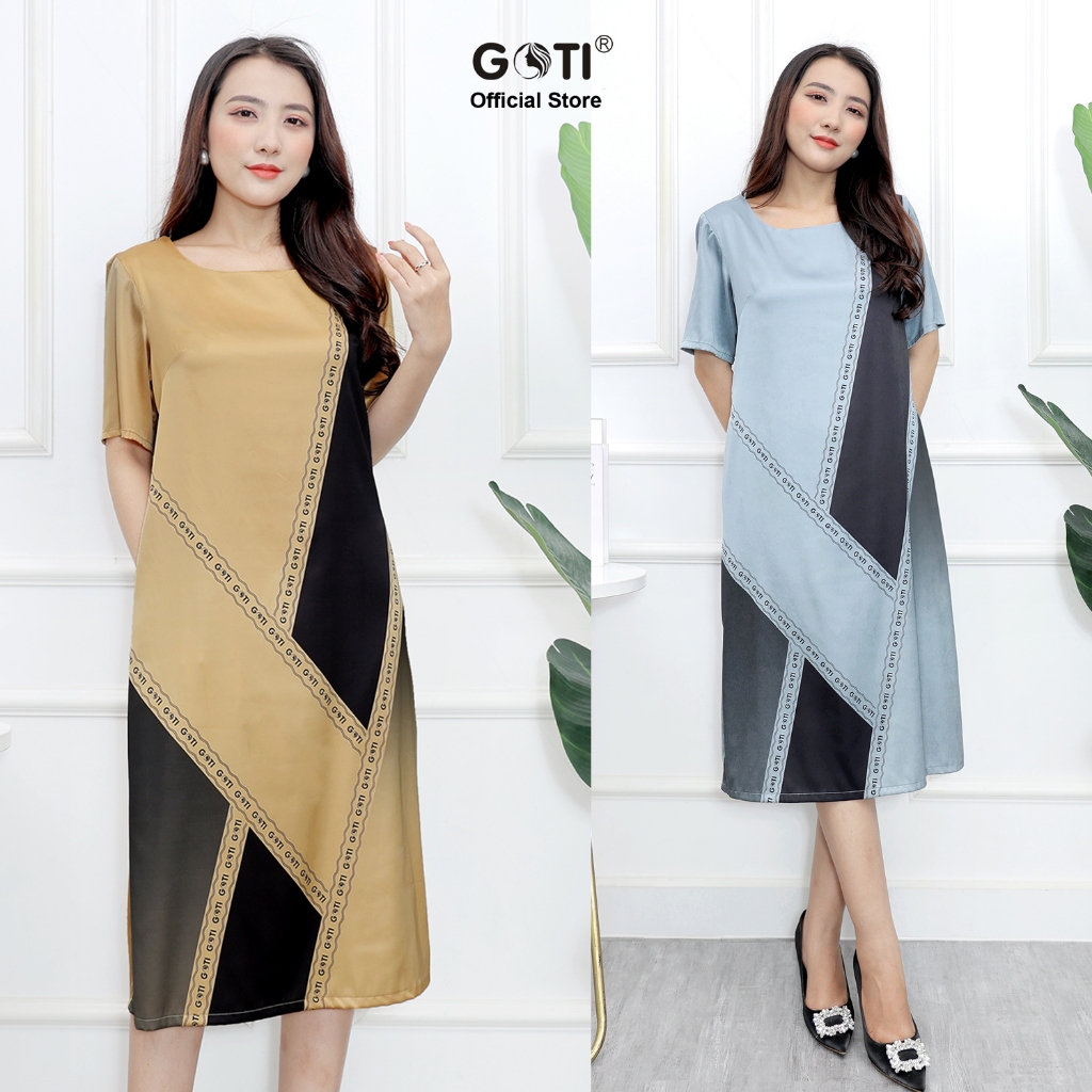 GOTI – Đầm Dáng Suông Trung Niên Dự Tiệc Cao Cấp BigSize Vải Lụa Mềm Mịn Cho Mẹ U40 U50 Có Size Lớn 45-78kg 3386