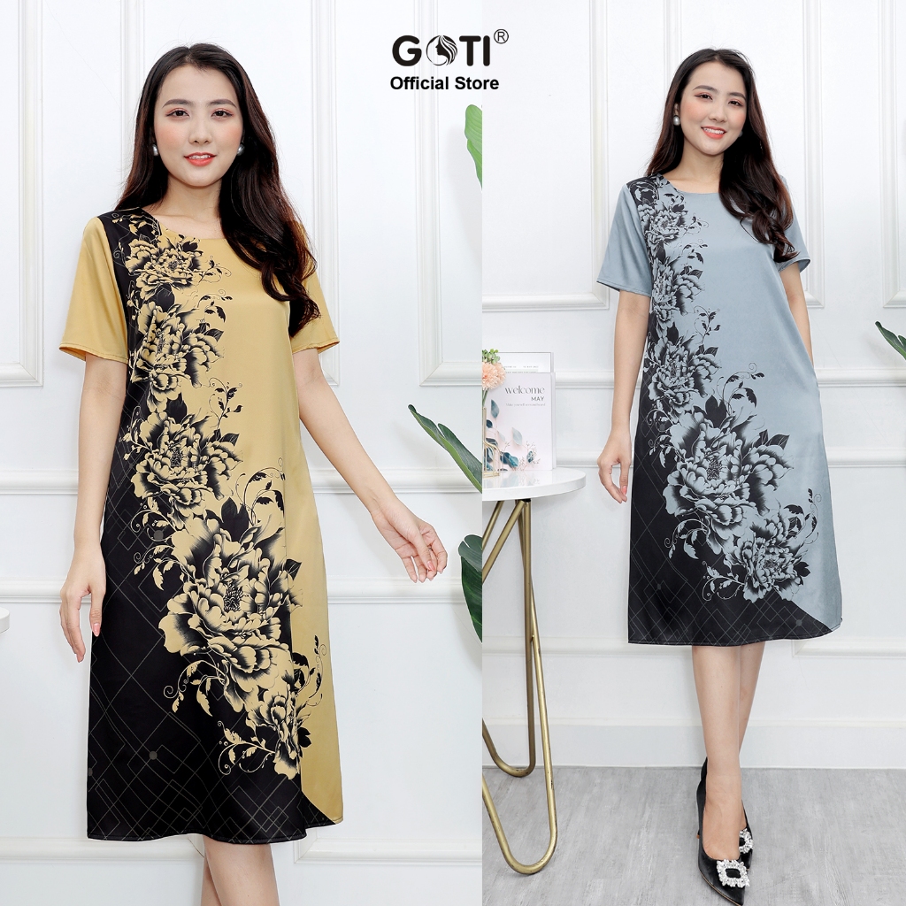 GOTI – Đầm Dáng Suông Trung Niên Dự Tiệc Cao Cấp BigSize Vải Lụa Mềm Mịn Cho Mẹ U40 U50 Có Size Lớn 45-78kg 3386