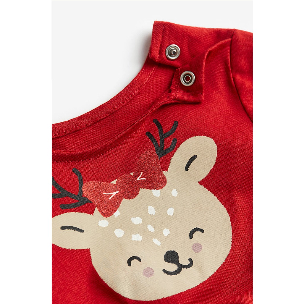 Đầm đỏ noel dài tay bé gái 3-4y HM auth họa tiết tuần lộc váy giáng sinh thu đông cho bé