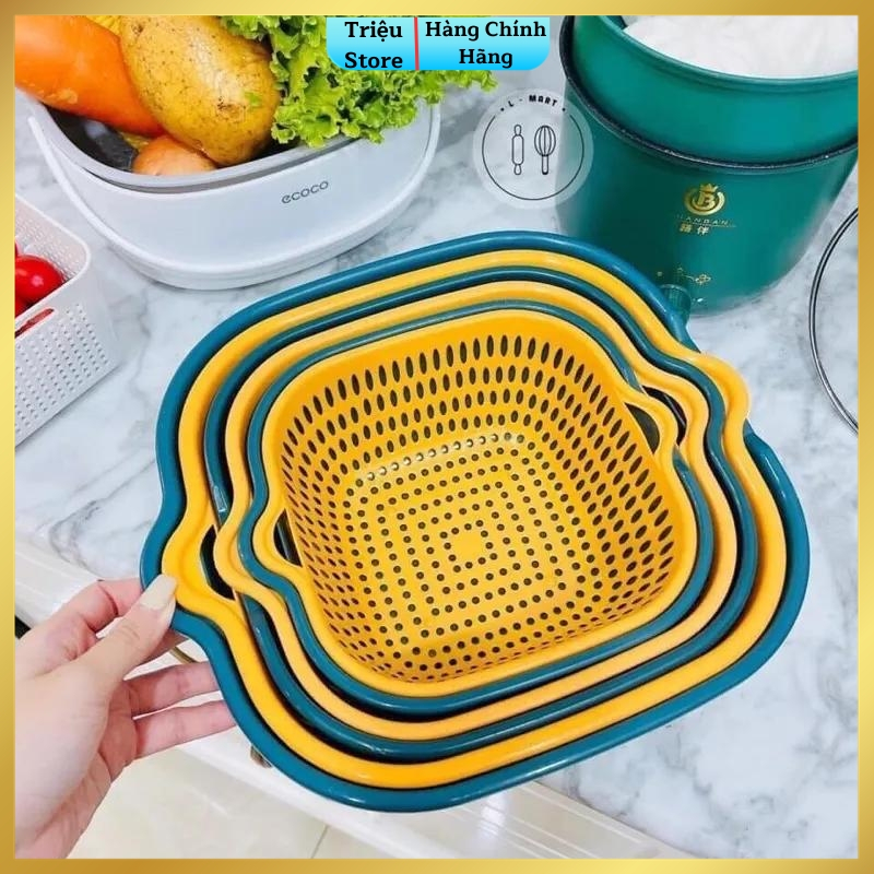 Bộ rổ nhựa 6 món kèm chậu, Rổ kèm chậu rửa 2 lớp đa năng tiện lợi