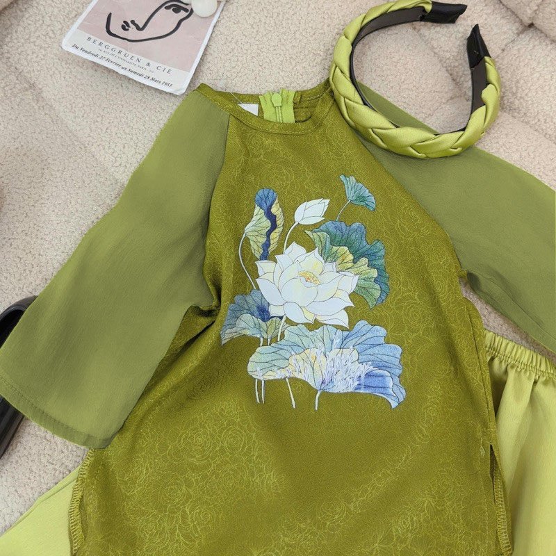 Bộ quần áo bé gái -  Set bà ba lụa tay voan cho bé gái chơi Tết TB377