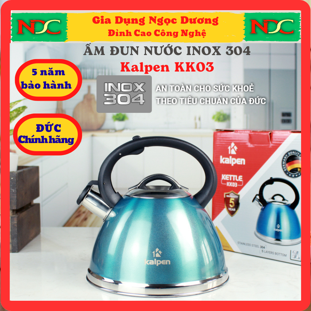 Ấm đun nước inox 304 5 đáy cao cấp Kalpen KK03 dung tích 3L còi báo sôi tự đông  cho bếp từ, bếp ga..