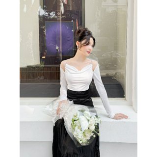 Áo Thun Cổ Đổ Nữ Dài Tay Khoét Vai Chang Top, Cách Điệu Quay Dây Nữ Tính Ngọt Ngào by DAO Concept