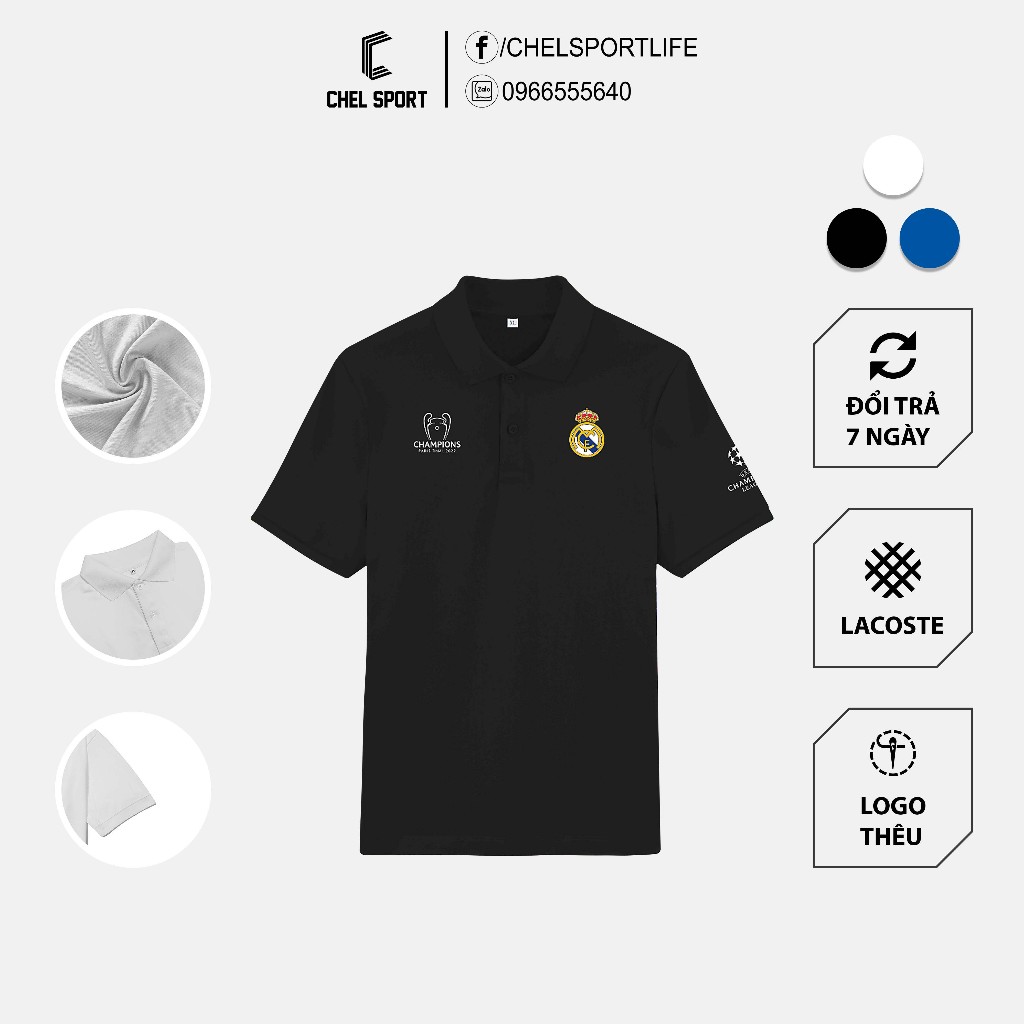 Áo polo logo thêu Real kỷ niệm vô địch UCL [ẢNH THẬT]
