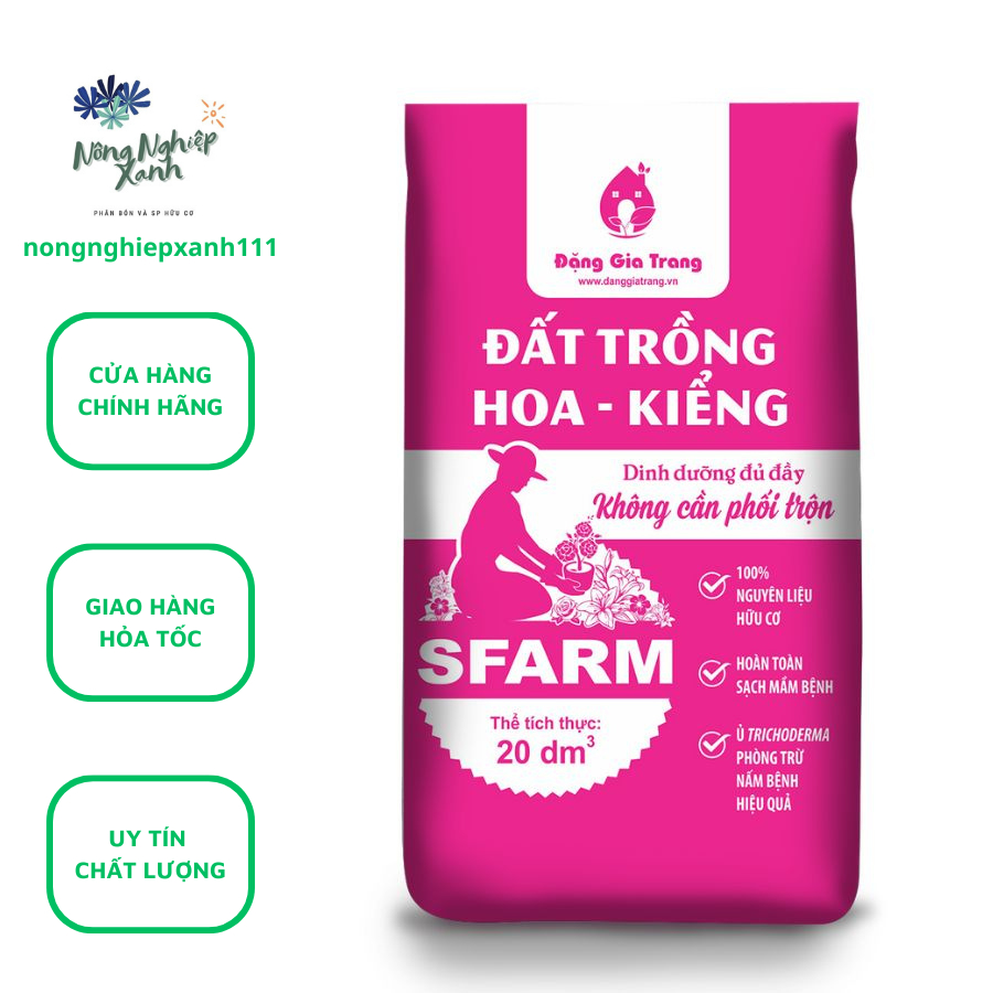 Đất trồng hoa kiểng Sfarm 20dm3 khoảng 8 - 9kg dinh dưỡng đủ đầy, không cần phối trộn, đất trồng hoa Sfarm