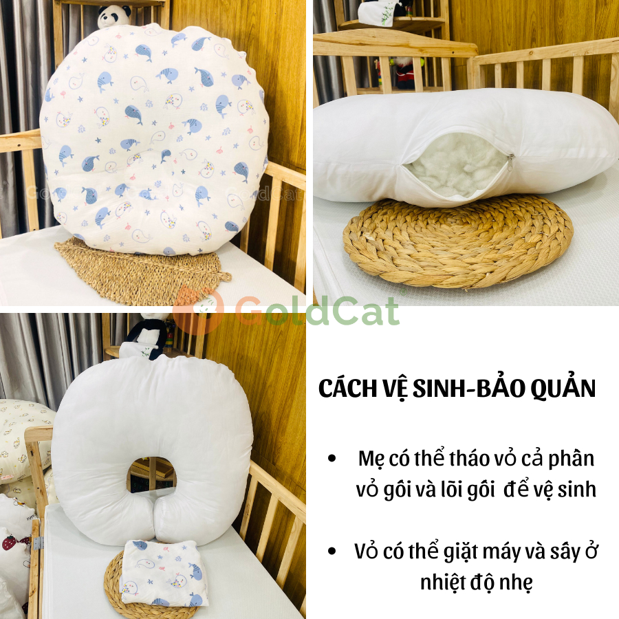 Gối Chống Trào Ngược Cho Bé Sơ Sinh GOLDCAT Chất Vải Muslin Mềm Mịn, Thấm Hút Tốt (Vỏ Có Khóa Kèm Lõi Bông)