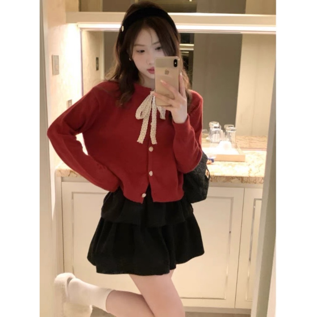 Áo len nữ đỏ buộc dây nơ ren noel, giáng sinh, tết ROSIE DREAM SHOP