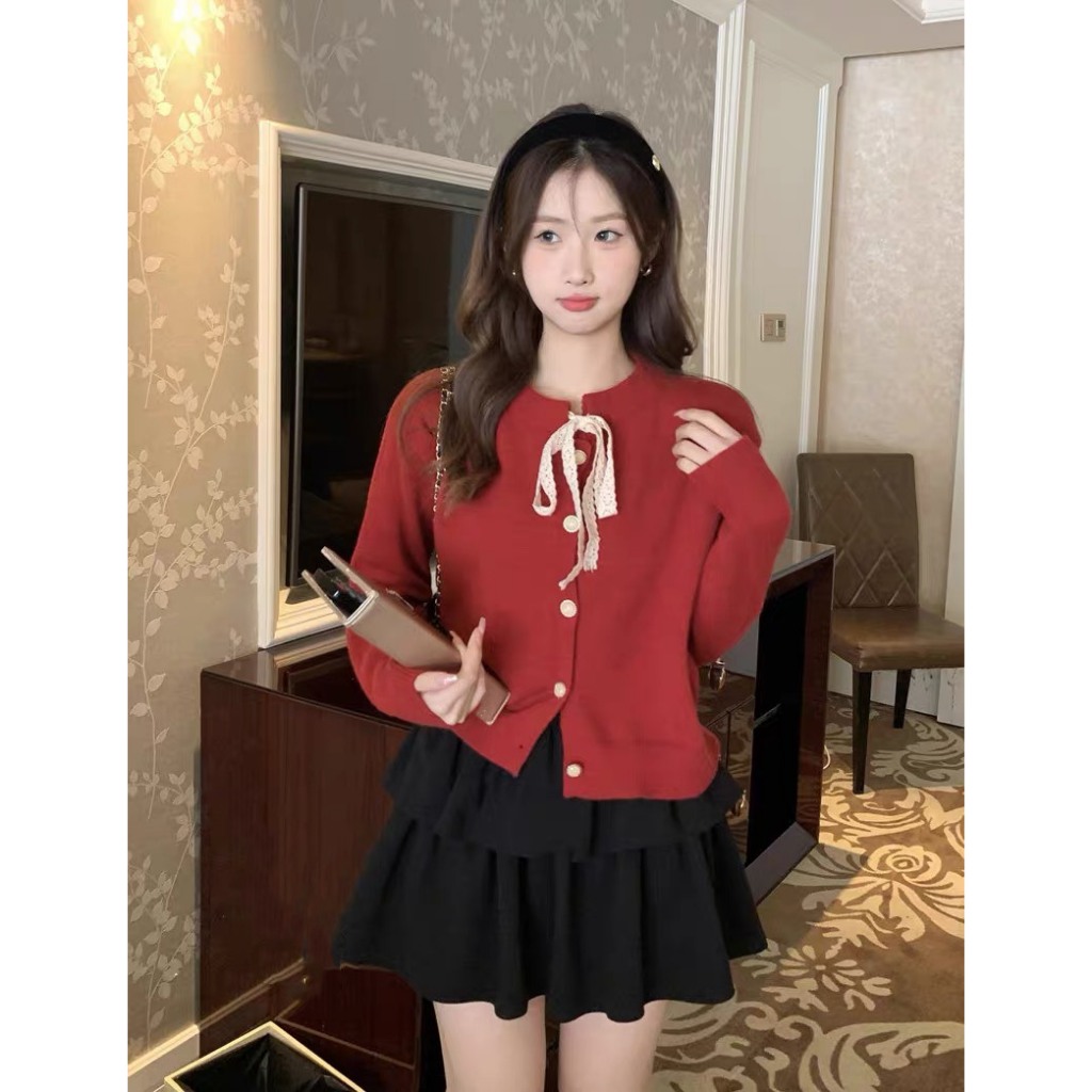 Áo len nữ đỏ buộc dây nơ ren noel, giáng sinh, tết ROSIE DREAM SHOP