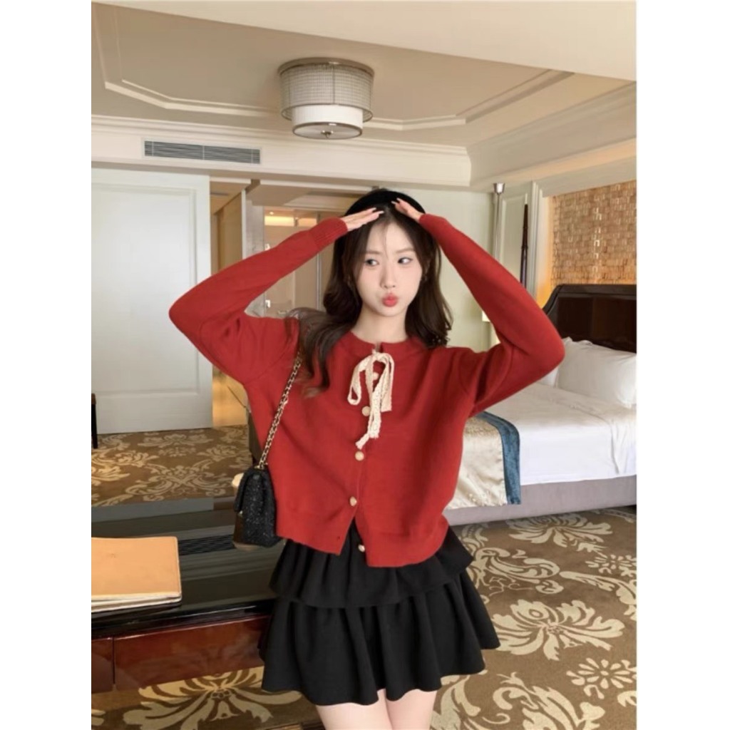 Áo len nữ đỏ buộc dây nơ ren noel, giáng sinh, tết ROSIE DREAM SHOP