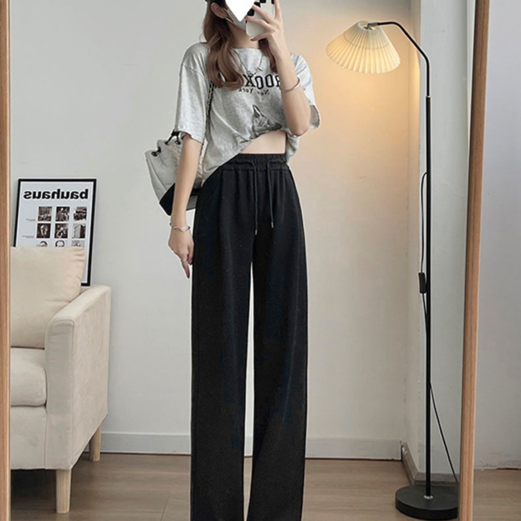 Quần Nữ Thun Trơn Bo Tăm Form Rộng VIETCEN Quần Ống Rộng Lưng Cao Ulzzang QST 2 màu ĐEN XÁM