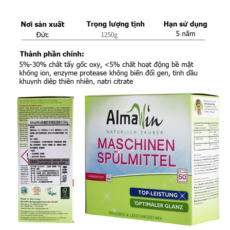 Combo Bột rửa chén Nước làm bóng trợ xả Bột vệ sinh Almawin dùng cho máy rửa bát máy giặt làm sạch cặn canxi