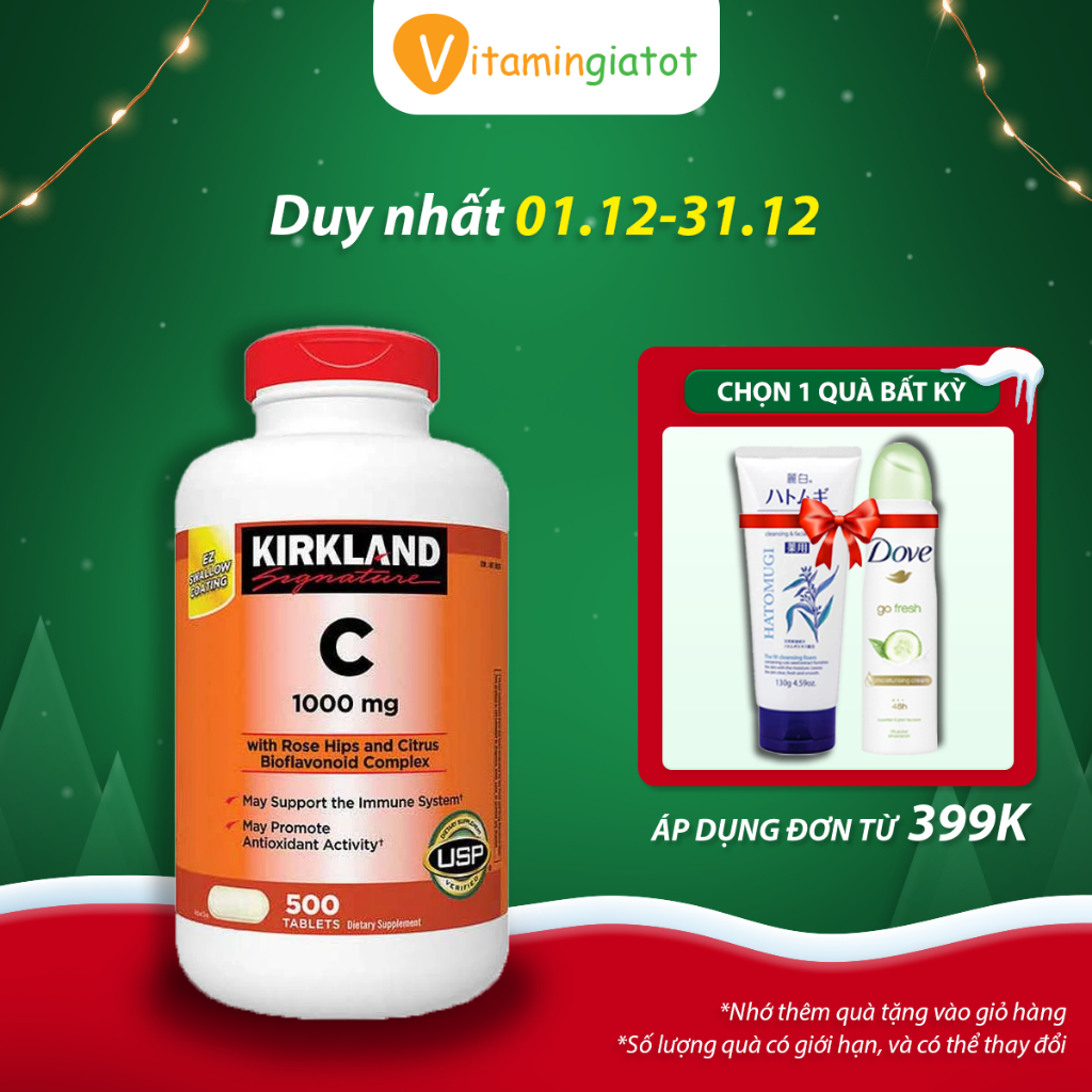 Viên Uống Bổ Sung Vitamin C Kirkland Tăng Hệ Miễn Dịch & Trắng Da Mỹ 1000mg 500 Viên V00344