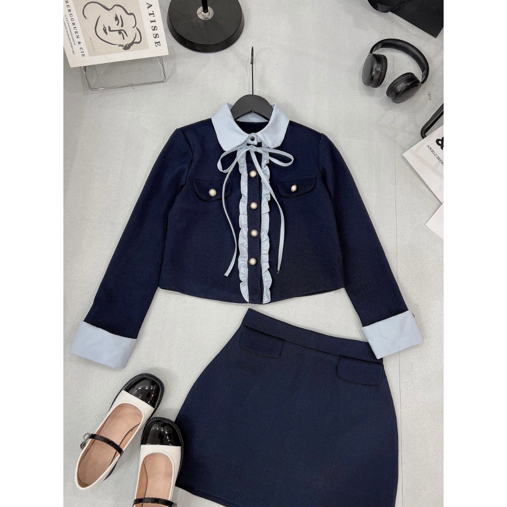Set Dạ Tiểu Thư Xanh Than Phối Viền Bèo Cổ Sen Nơ Cổ + Chân Váy Dạ Chữ A Có Quần Váy  Lollaye
