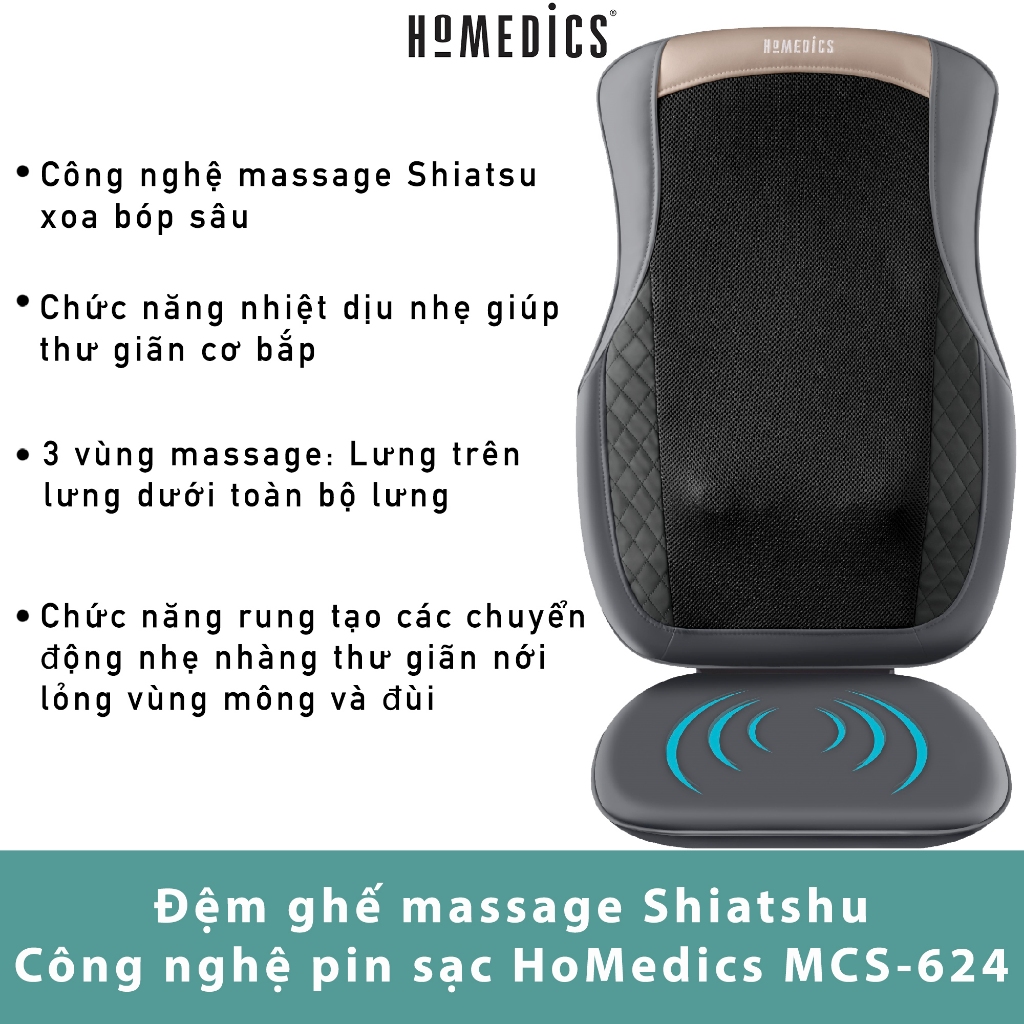 Đệm ghế massage Cổ Vai Gáy Toàn Thân công nghệ Shiatshu Pin Sạc HoMedics MCS 624 HT Beauty kèm nhiệt rung cao cấp