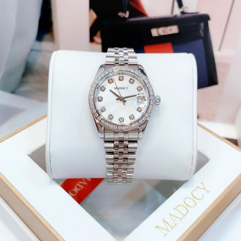 Đồng hồ nữ Madocy 81697 chính hãng mặt tròn đính đá dây kim loại siz 31mm