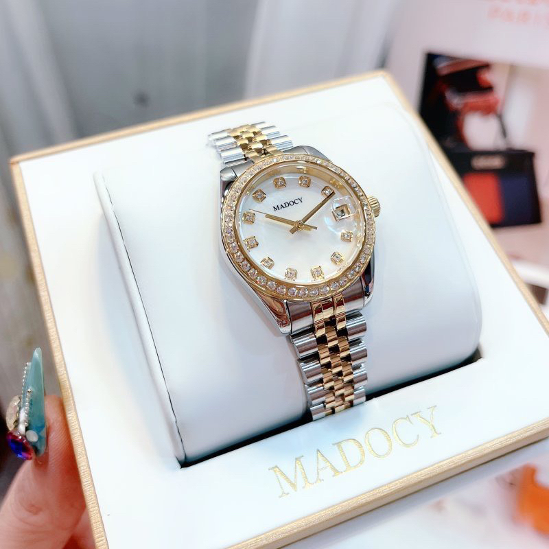 Đồng hồ nữ Madocy 81697 chính hãng mặt tròn đính đá dây kim loại siz 31mm