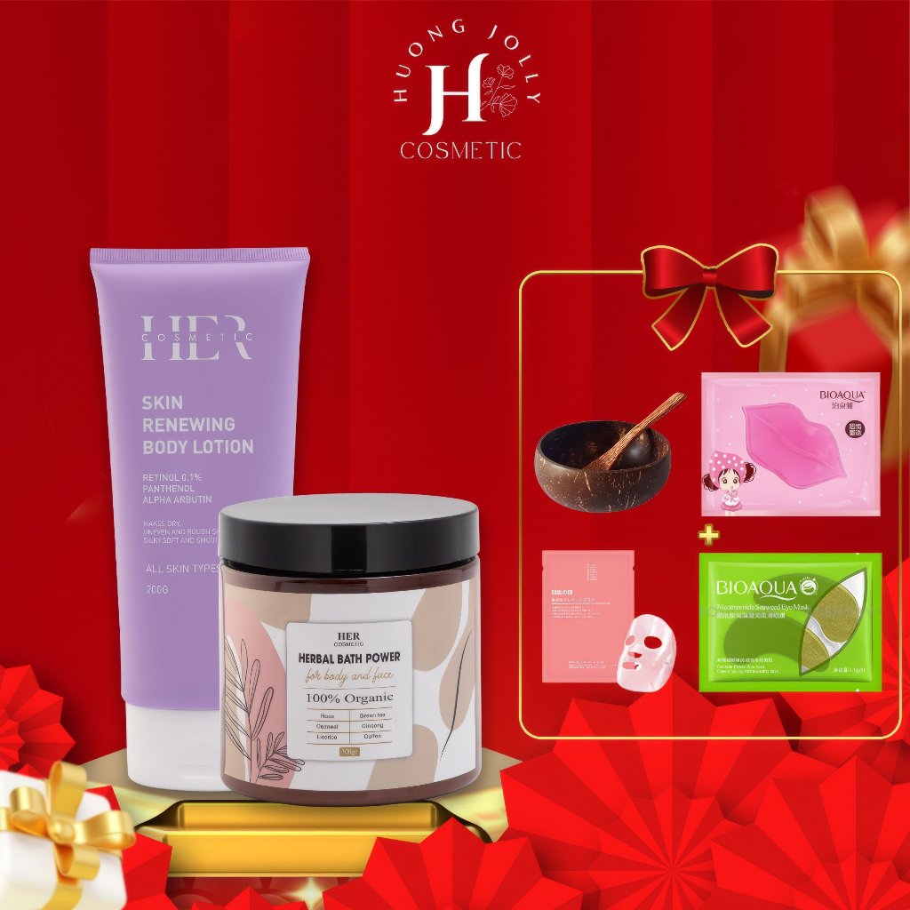 Combo Dưỡng Trắng Da Phục Hồi Ban Đêm - Kem Body Treatment Retinol Hercosmetic, Tắm Trắng Thảo Dược Chuẩn Spa Organic