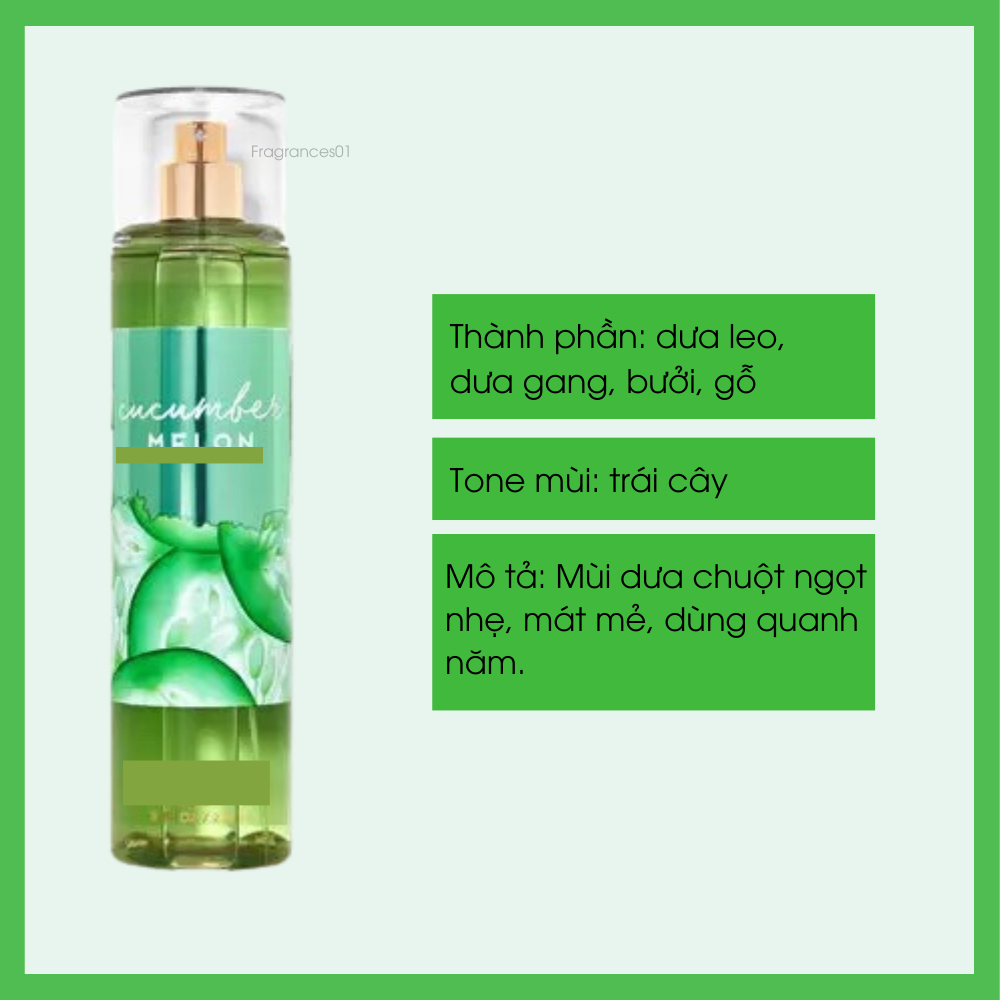 Bộ Sản Phẩm Mist Xịt Toàn Thân, Gel Tắm, Lotion Dưỡng Thể BBW Cucumber Melon Từ Mỹ